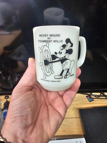 Vintage Mid Century Anchor Hocking Milk Glass Mickey Mouse Steamboat Willie Mug