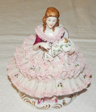 Vintage Karl Klette Mother & Baby Dresden Pink Lace Figurine ~ Germany ~ 5.5"