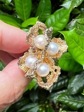 VINTAGE LARGE PEARL RING BRUTALIST MODERNIST GILDED STERLING SILVER STATEMENT