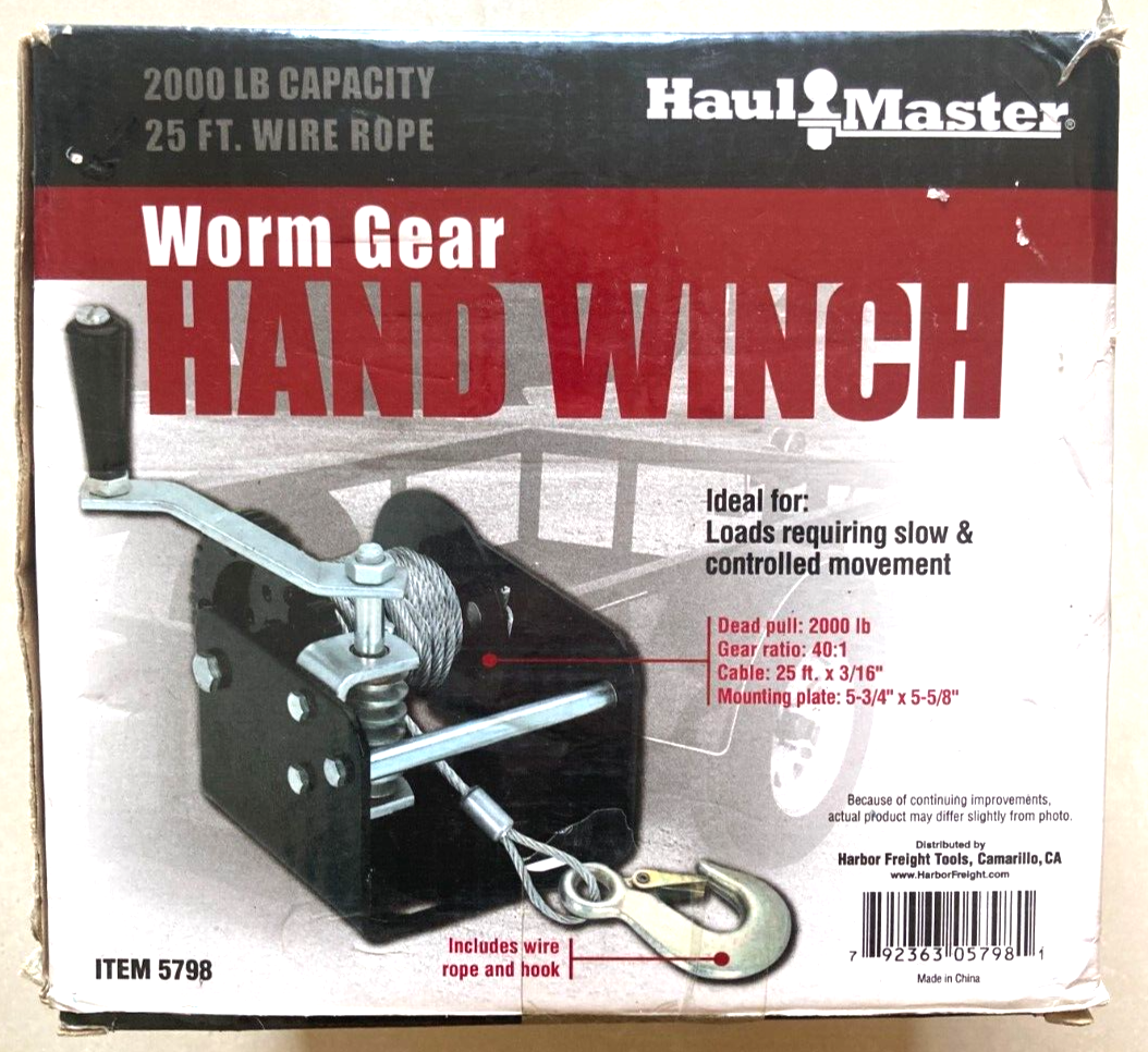 Haul Master, Worm Gear Hand Winch, 2000lbs Capacity, 25ft Wire Rope