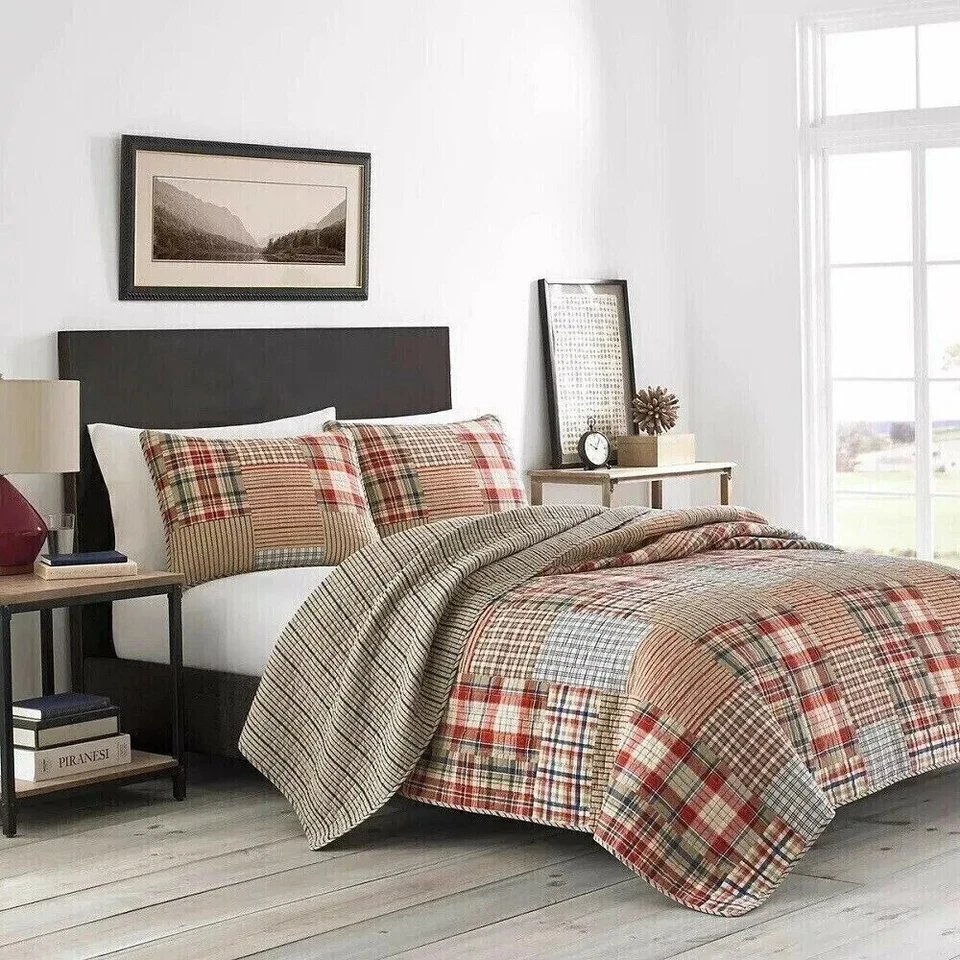 Juego de edredón Queen rústico retazos estampado a cuadros cabaña casa de campo granja 3 piezas Foto 2 de 4