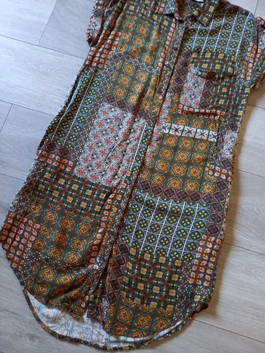 Apricot Brown & Green Patchwork Prints Shirt Dress Boho Retro Smart Casual UK8 - Picture 13 of 18