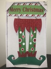 NEW Merry Christmas Elf Legs Metal Painted Glitter Wall Door Hanging Decor