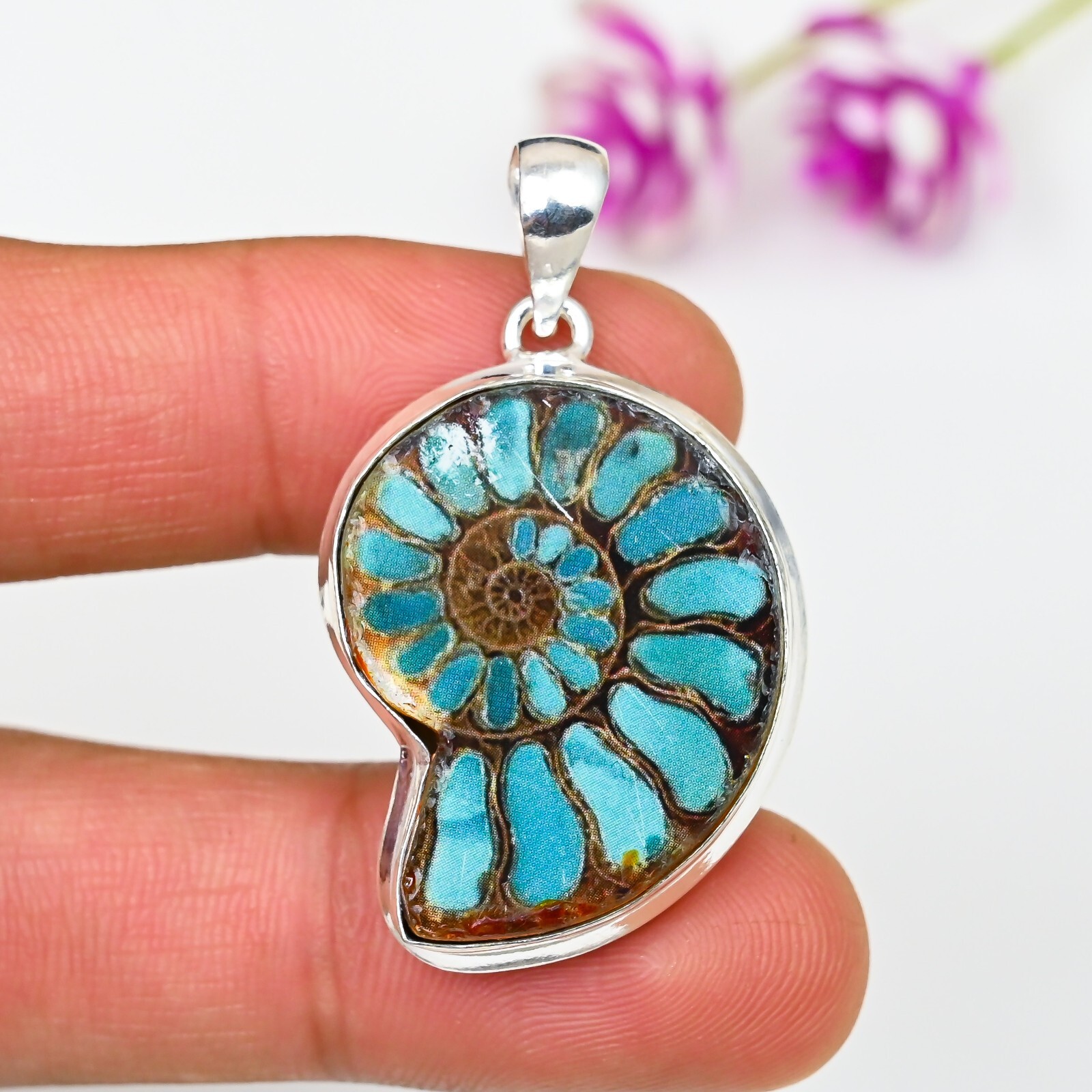 Turquoise and Ammonite Gemstone 925 Sterling Silver Handmade Pendant Jewelry Gift