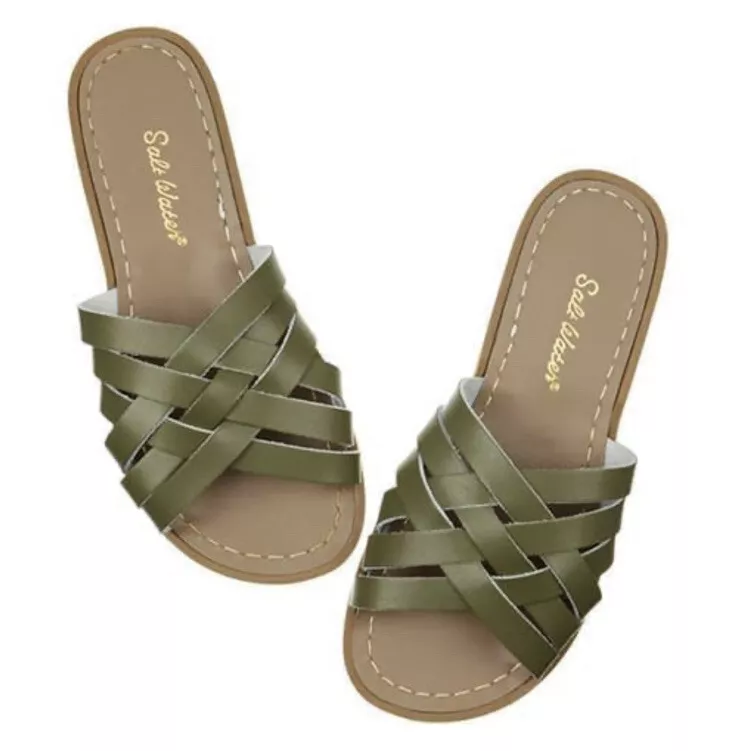 Salt Water Sandals Retro Slides Leather Olive Green Women s Size 6