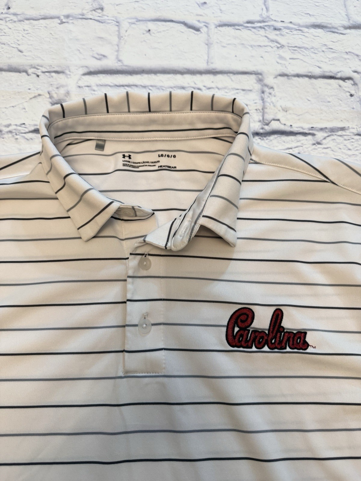 South Carolina Gamecocks Men’s Large Under Armour White Striped Golf Polo, EUC thumbnail 2