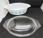 Vintage Pyrex White & Turquoise Snowflake 043 1 1/2 QT Oval Casserole Dish & Lid