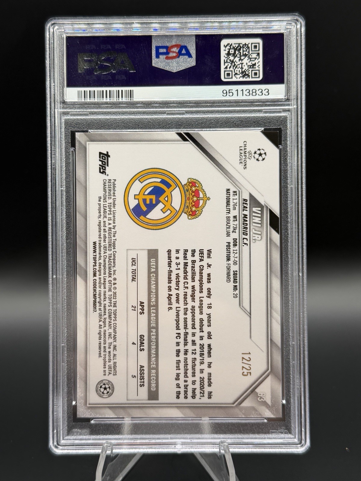 2021 Topps Chrome Sapphire UEFA Vini Jr #63 Real Madrid Purple /25 PSA 9 view 2