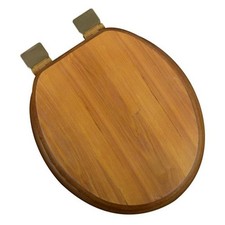 Decorative Wood Round Front Toilet Seat Polish Brass Hinges Light Oak