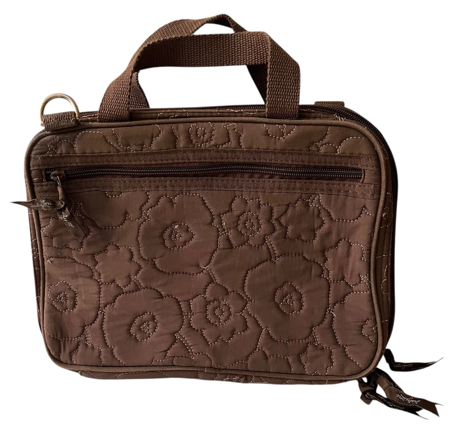 Thirty One Brown Quilted Poppy Double Zip Cosmetic Bag Organizer Travel