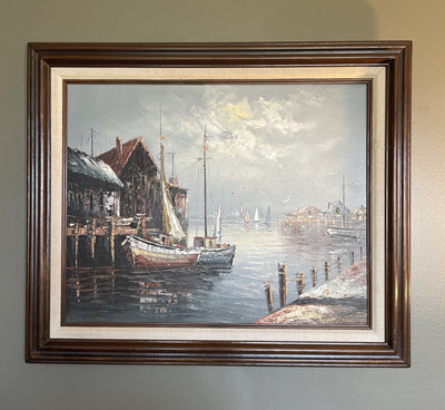 Vtg Oil On Canvas Original Painting Ships Pier Sailboat Nautical Signed Os.car