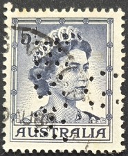Australia - 1959 Scott 314 Queen Elizabeth II 5d Blue - PERFIN - Stamp