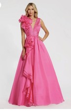 Mac Duggal Deep V-Neck Sleeveless Ruffled Shoulder Ball Gown,sz 16 NWOT,hot Pink