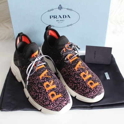 Prada Logo Knit Sneakers Orange Pink Speckled Black New Size