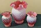 Set of 3 Vintage Fenton Cranberry Opalescent Hobnail Glass Vases   NICE