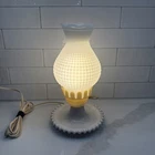 Vintage Milk Glass Hurricane Table Lamp Hobnail Shade Beaded Plastic Base 6”x11”