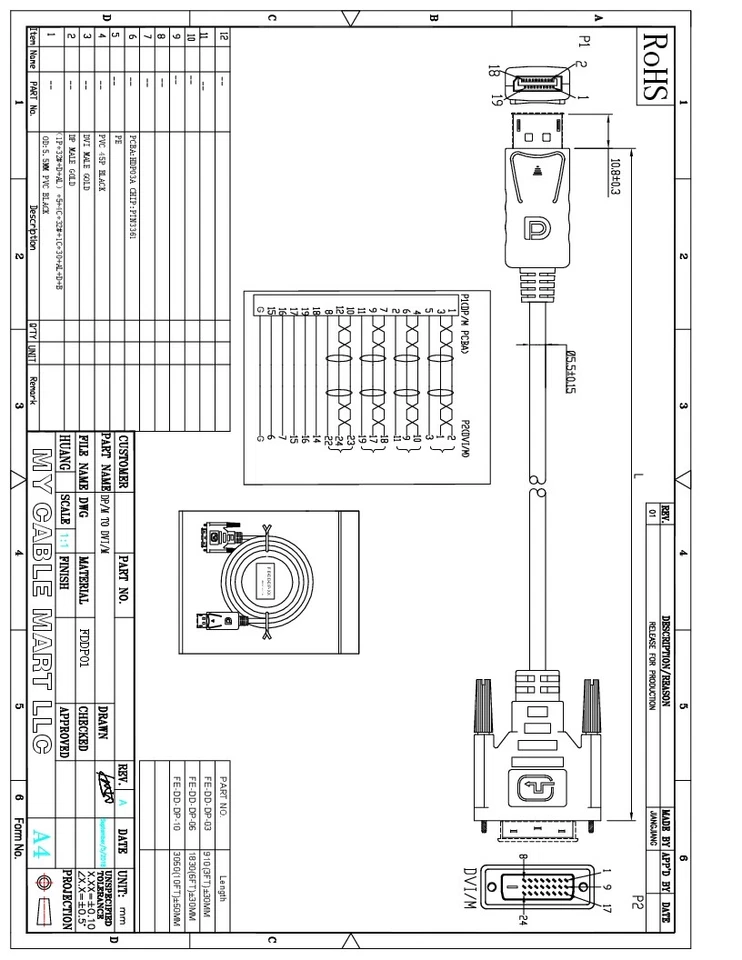 6ft DisplayPort to DVI Cable 30AWG Gold Plated  Black - Image 3 of 3