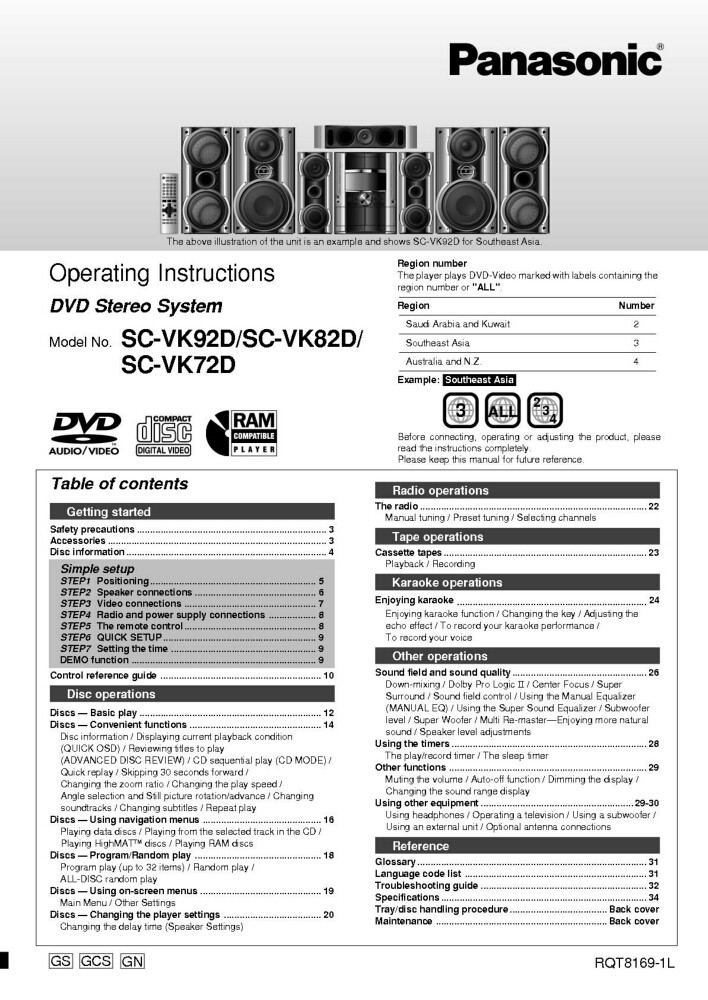 Panasonic SC-VK72D SC-VK82D SC-VK92D DVD System Owners Instruction
