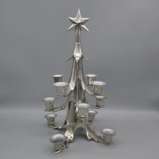 Christmas Tree Shaped 12 Candle Holder Stick Ball Tiered Silver Metal 13.5" x 7"
