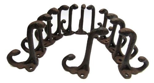Lote de 12 Estilo Antiguo Rústico Marrón Doble Abrigo Escolar Ganchos Hierro Fundido Hardware - Imagen 2 de 5
