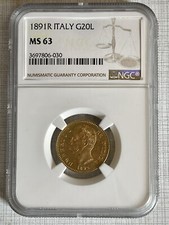 Italy 1891R 20 Lire Gold NGC MS63 SKU#6428