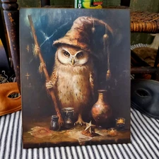 HALLOWEEN MAGIC WIZARD OWL FOLK ART COLONIAL SHABBY PRIMITIVE VINTAGE STYLE SIGN