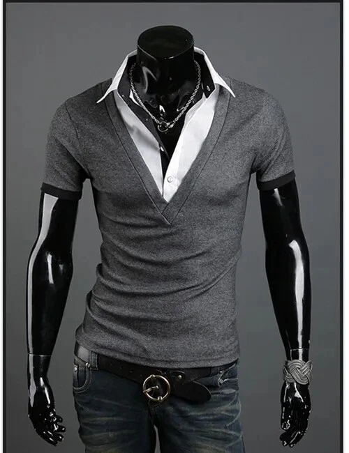 Mens Shirts Short Sleeves Luxury Casual Slim Fit Camisas Double Collar Shirts - Image 3 of 4