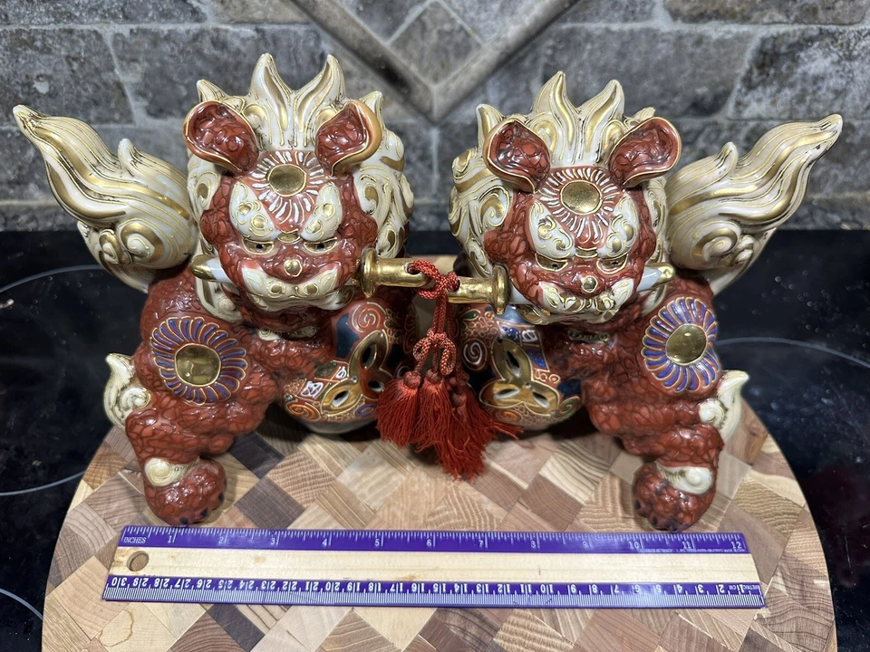 Dos perros Foo Kutani Gakuyou Foo de colección de 7 1/2" porcelana texturizada con moriaje criado Foto 2 de 4