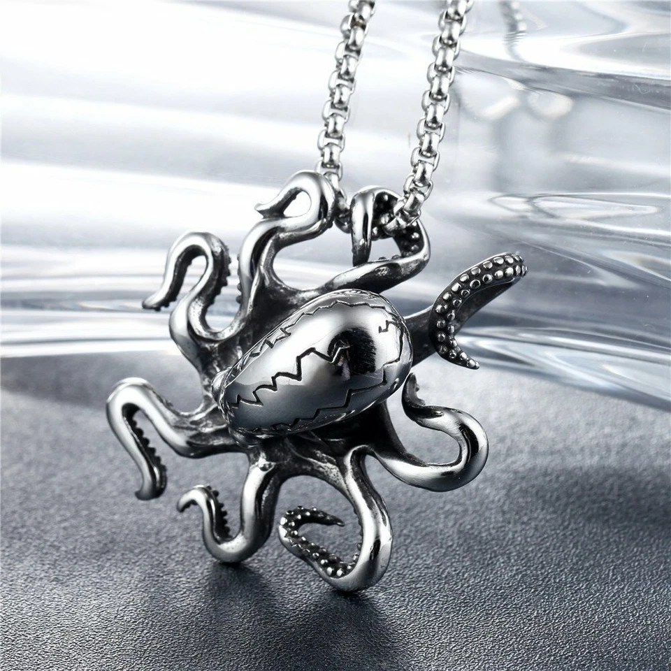 MENDEL Mens Octopus Pendant Necklace Stainless Steel Biker Jewelry Chain Silver - Image 2 of 4