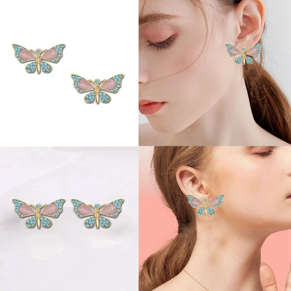 Medieval Glass Butterfly Earrings French Style Diamond Stud Dumb