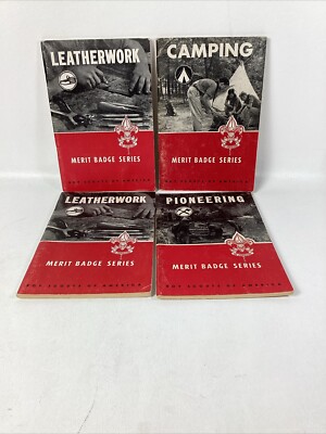 Lot Of 4 BSA Merit Badge Series Booklets (2) Leatherwork, Camping & Pioneering