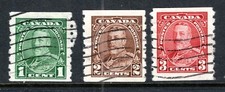 Canada Stamp Scott #228-230, KGV Admiral Perf 8 Vert Coils, Used, SCV$4.60