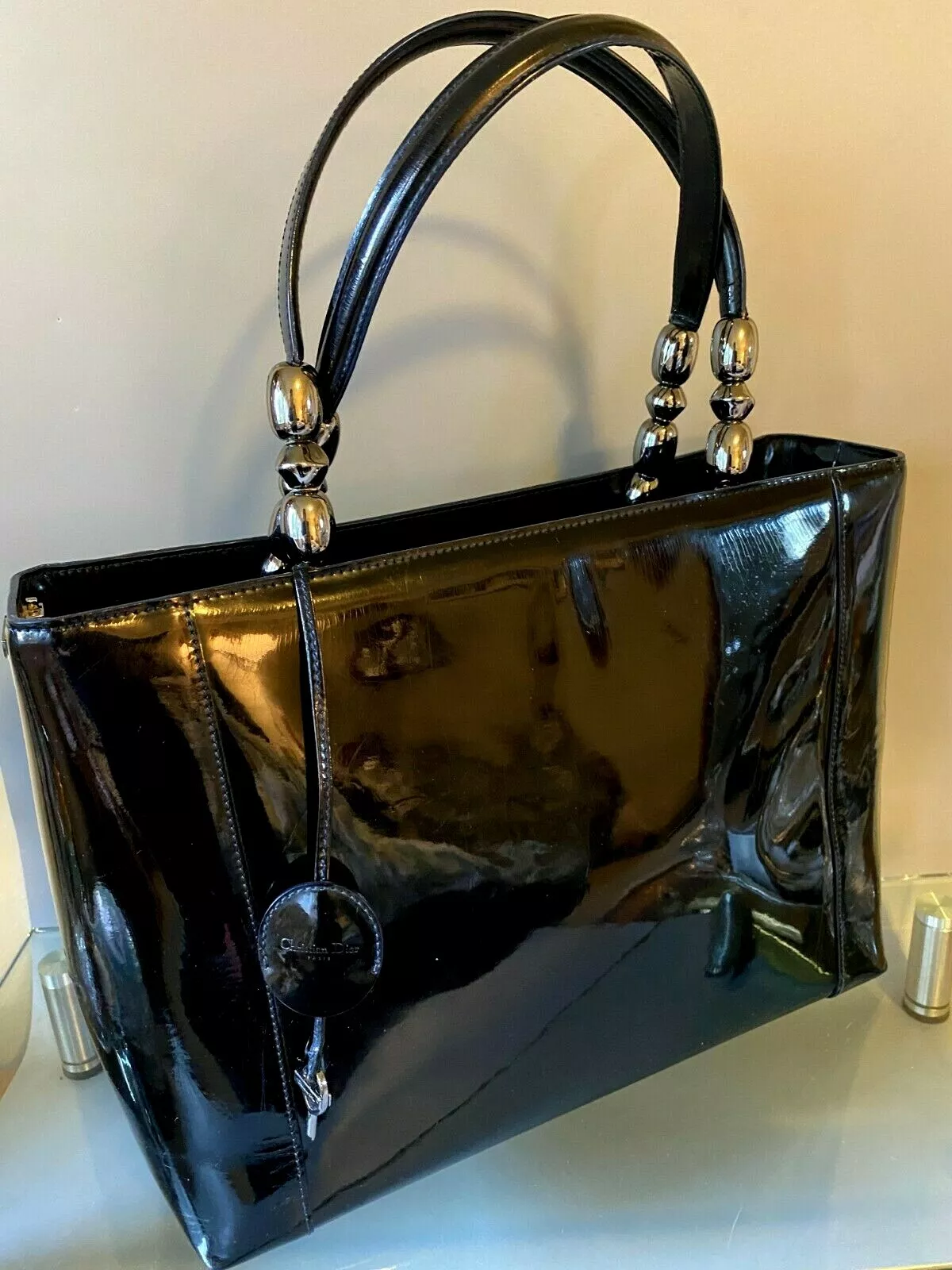 Sac à main vintage Cristian Dior Maris perle cuir noir