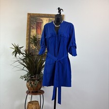 Express Shirt Dress Women M Blue Roll Tab Sleeve Belted Open Hidden Button Front