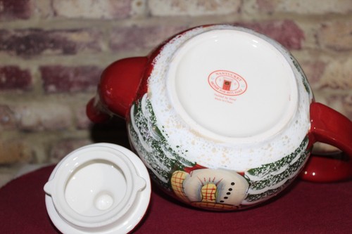 NANTUCKET HOME Teapot SNOWMAN Christmas Red Ceramic Porcelain Teapot - Picture 6 of 7