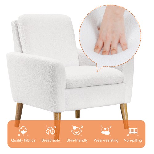 Sherpa Accent Chair White Teddy Fabric Living Room ArmChair Small Sofa Wood Legs - Picture 4 of 19