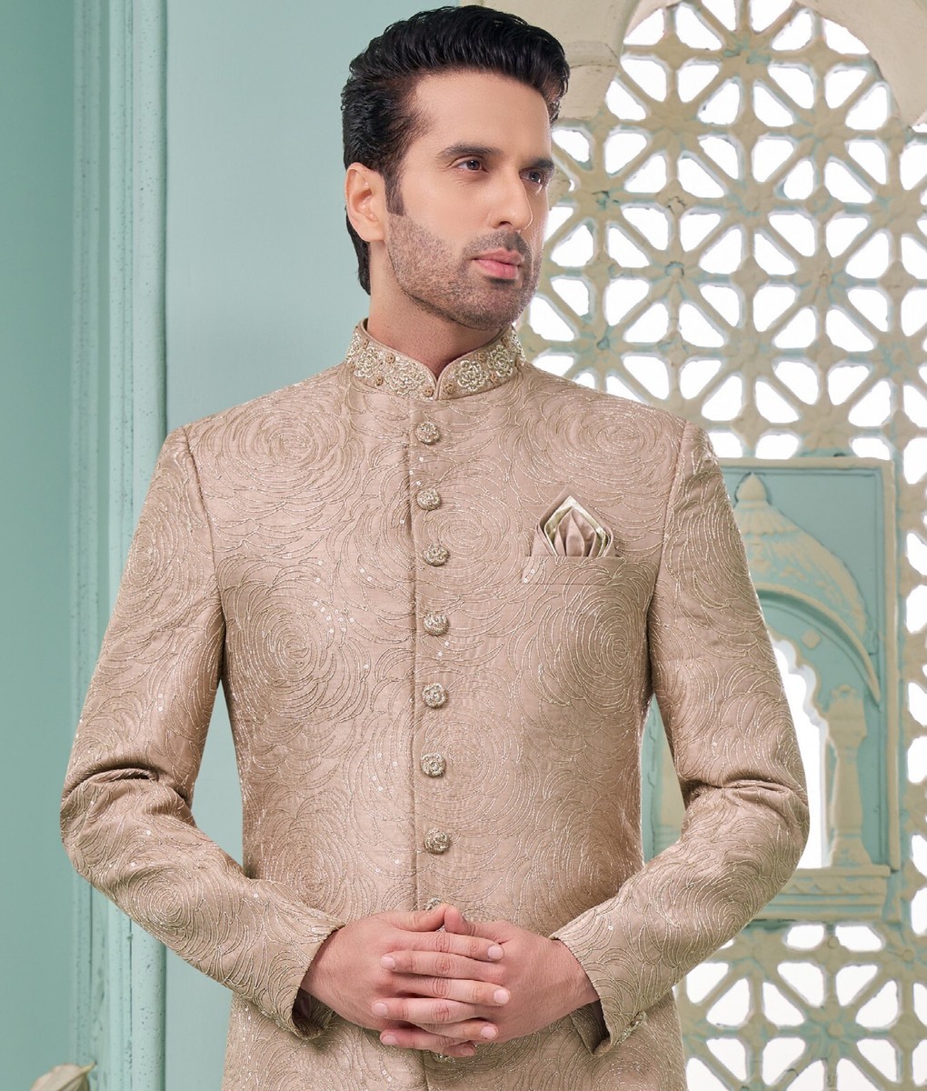 formal dresses for mens in india Buy Brown Jacquard Indo Western Set For Men With Embroidered Stole