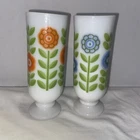 Vintage AVON MILK GLASS DEMITASSE Pedestal Cups Floral Design 5" set 2 MCM Retro