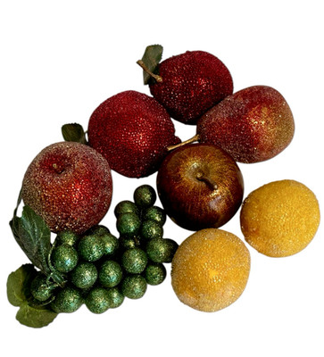 8 Vtg Beaded Life Size Sugared Fruit Glitter Pears Apple Pomegranate Lemon MCM