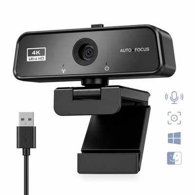 4K Webcam USB for PC Autofocus Web Camera w Microphone Plug &Play 90° Wide Angle
