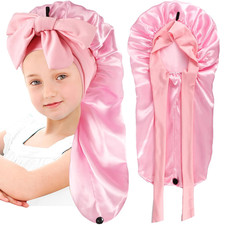 Kids Long Hair Bonnet for Sleeping, Silk Satin Bonnet with Tie Band for Curly Ha