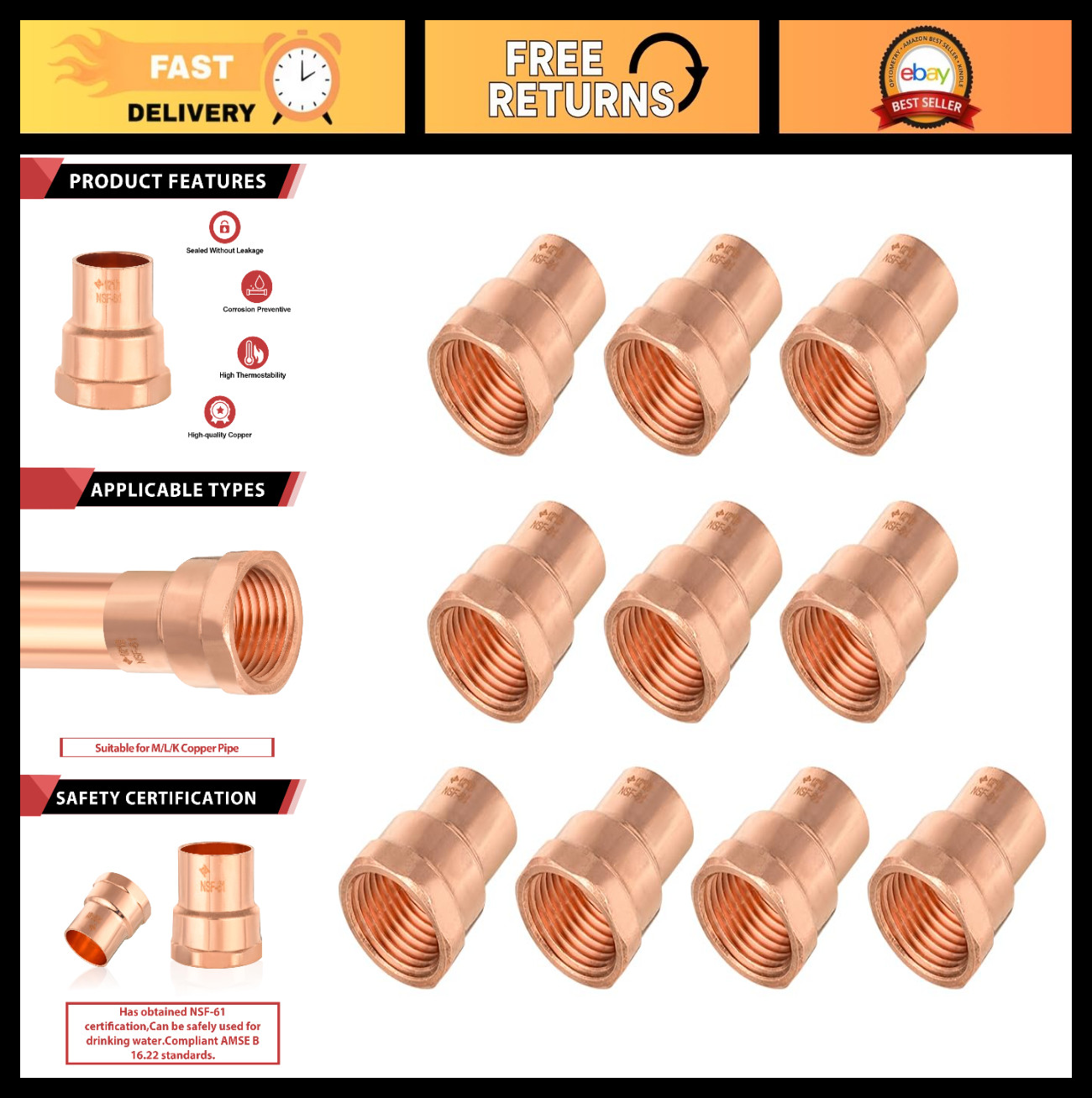10 Pack 1/2" Copper Female Adapter | Plumbing Fittings, Sweat Solder & FNPT Conn