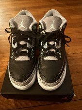 Air Jordan 3 Retro Youth Black/Green Glow- Wolf Grey Leather Sneakers, Sz. 7