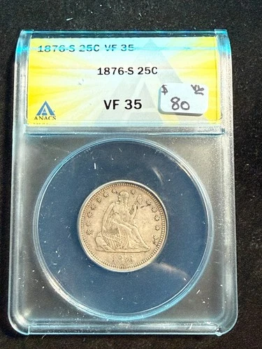 1876 S SEATED LIBERTY QUARTER ANACS VF 35