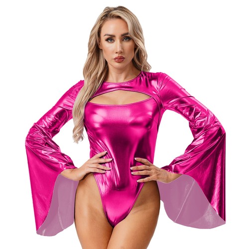 Womens Costume PU Bodysuit Masquerade Outfits Ladies Jumpsuit Hollow Out Shiny - Picture 45 of 72