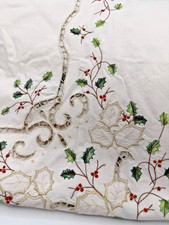 Vintage Christmas White Tablecloth Battenburg Lace Embroidered Holly 8 Feet Oval