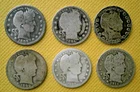 US 1893, 1894, 1897, 1899, 1908-O, 1914 Barber Silver Quarter Dollars