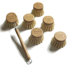 Natural Bristle Bamboo Dish Brush with 5 Replacement Heads – Perfect for Grime