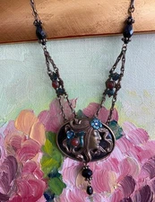 Sweet Romance Necklace Brass Black Beads Crystal Victorian Cameo