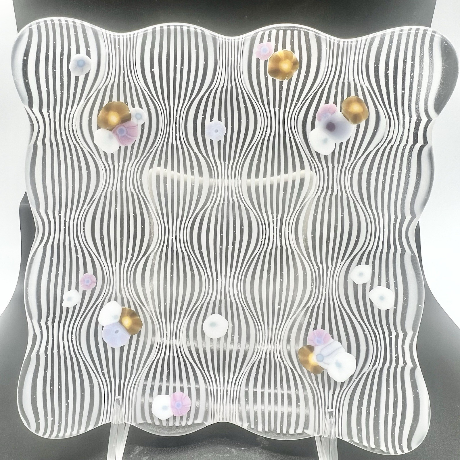 Vintage Murano Style Fused Art Glass Plate Frosted Zanfirico Stripe Murrine